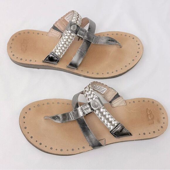 UGG Audra Metallic Silver Braid Leather Double Strap Thong Slide Boho Sandals - Picture 6 of 16